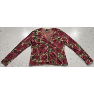 VTG Carole Little Cardigan Sweater Womens XL Pink Green Floral Lambs Wool Angora